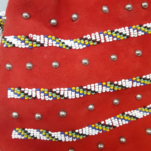 Vintage Ladies Red Suede Hand beaded drawstring bag Southwestern - Picture 2 of 12